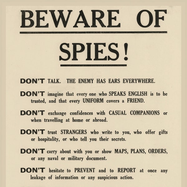 Vintage Beware of Spies War Poster Print
