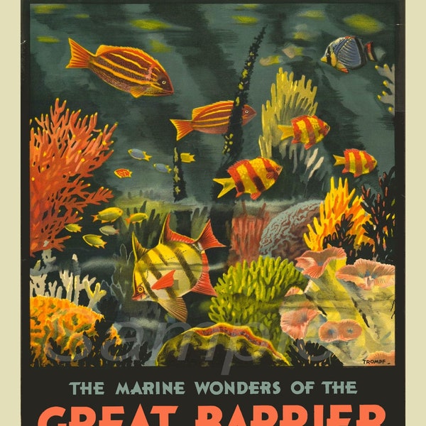 Vintage Great Barrier Coral Reef Travel Poster Print