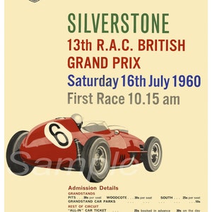 Póster vintage del Gran Premio de Gran Bretaña de Silverstone de 1960