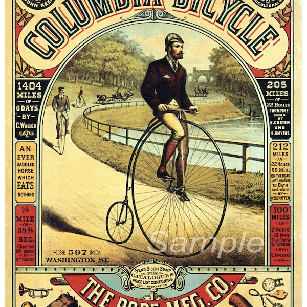 Vintage Penny Farthing Bicycle Advertising Poster Print