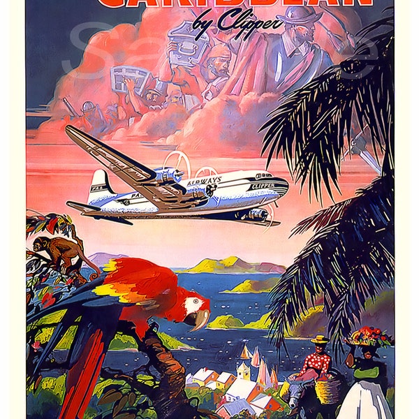 vintage Caribbean Pan Am Travel Poster Print