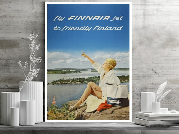 Vintage Finnair Flights to Paris Poster A3 Print