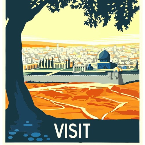 Fabulous Große Einkaufstasche „Visit Palestine“ – Vintage Travel Poster Design, 38x42 Cm, Baumwoll-Polyester, 340 G/m²