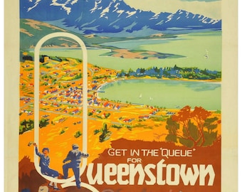 Vintage New Zealand Queenstown Travel Poster Print