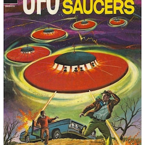 Vintage UFO Fliegende Untertassen Comic Werbe Poster Druck