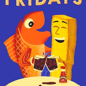 Impresión de póster publicitario vintage de vinagre de pescado y patatas fritas