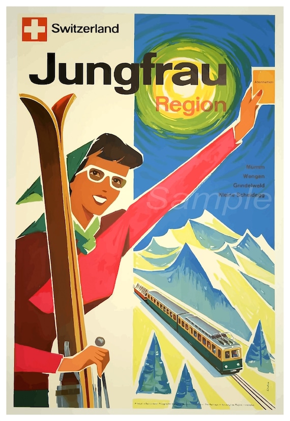 VINTAGE SWITZERAND JUNGFRAU REGION SKI TRAVEL A4 POSTER PRINT