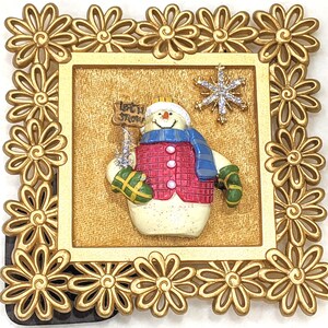 Snowman. Costume Jewelry Picture. &quot;Let it Snow.&quot; Gold Decorative Frame. One Of A Kind.