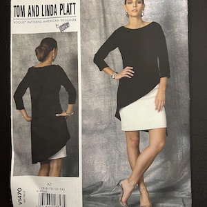 May include: A sewing pattern for a dress with a black top and a white skirt. The pattern is for sizes 6-8-10-12-14. The pattern is from Vogue Patterns and is designed by Tom and Linda Platt.