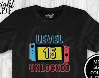 Cool 15th Birthday Shirt Gift, Level 15 Unlocked Video Gamer T-shirt Tee, 15 Year Old Tshirt Top Gift for 15th Birthday Video Game Party