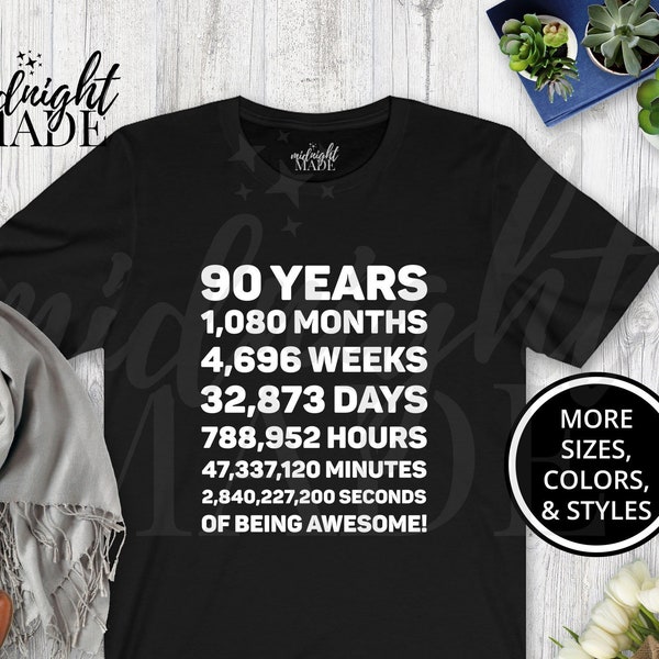 Cool 90th Birthday 90 Year Old Shirt Gift, 90 Years Awesome T-shirt Tee, 90 Year Old Days Old Tshirt Top Gift for Elderly Ninetieth Birthday