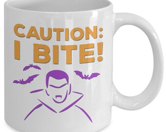 Custom Personalized Funny Halloween Dracula Vampire Mug Gift, Caution I Bite Coffee Mug Cup, Halloween Tea or Coffee Cup Gift