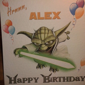 Handmade Star Wars Yoda Birthday Card Style 2 You Choose Name. Personalised on request. Can also send directly to recipient. image 1