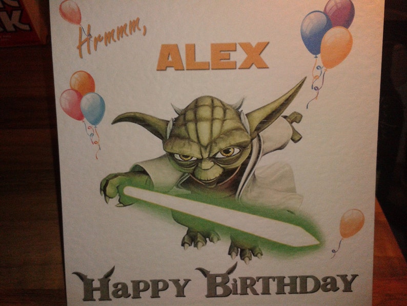 Handmade Star Wars Yoda Birthday Card Style 2 You Choose Name. Personalised on request. Can also send directly to recipient. image 1