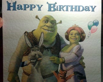 AKTUALISIERT! Handgemachte Shrek Geburtstagskarte - Shrek, Esel, Fiona, der gestiefelte Kater - Happy Birthday