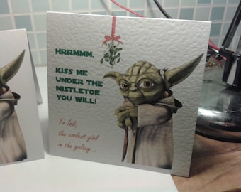 Handmade Personalised Yoda Star Wars Christmas card (Mistletoe Yoda) - Personalised or non-personalised