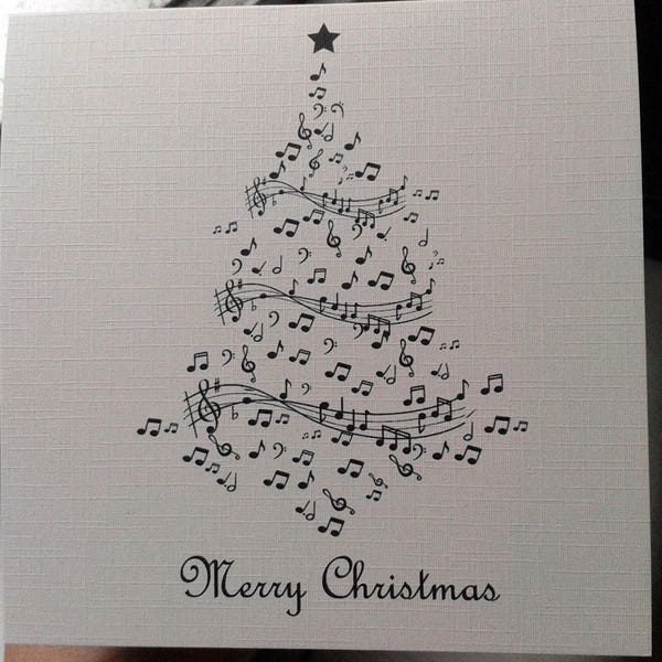 Handmade Musical Note Tree Christmas Card / Cards Linen Texture. Musician. Music. Single or Pack. [SINGLE]