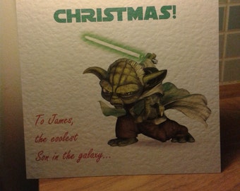Handmade Yoda (Saber) Star Wars Christmas card - Personalised or Non-Personalised