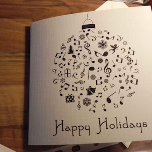 Biglietto di auguri di buone feste con pallina musicale fatta a mano, in lino. Musicista. Musica. Singolo o confezione. [CONFEZIONE]