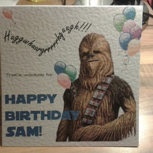 Handgemachte personalisierte Star Wars Chewbacca Chewie Geburtstagskarte - Sie können Name und Textfarbe wählen