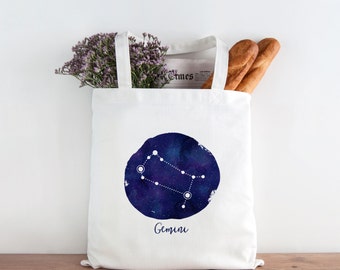 Astrology Tote Bag, Gemini Constellation Art Tote Bag, Zodiac Tote, Celestial Tote Bag, Celestial Gift, Reusable Grocery Bag 0078