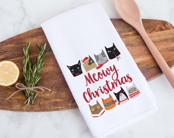 Christmas Tea Towel, Meowy Christmas, Christmas Towels, Holiday Dish Towels, Christmas Gifts, Cat Lover Gift,