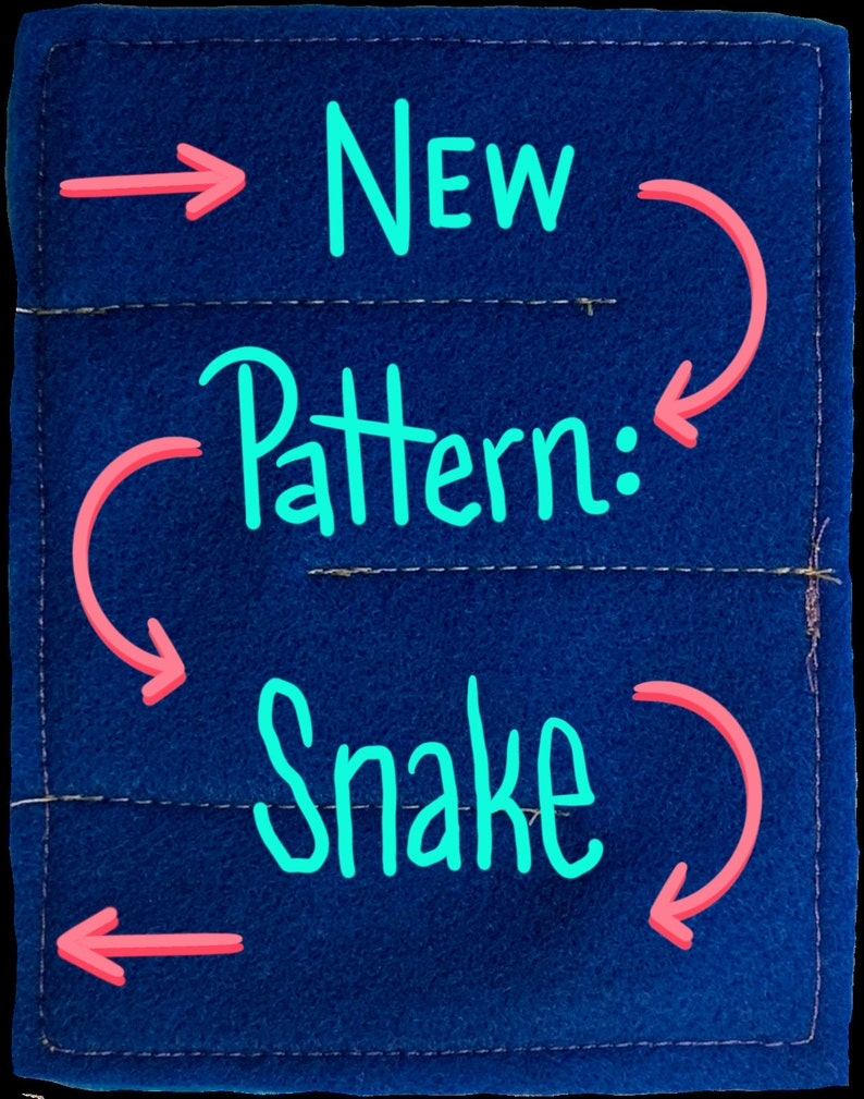 May include: A blue fabric swatch with pink arrows pointing to the text "New Pattern: Snake" written in turquoise.