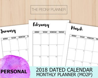 2018 Calendar | Personal Printable | DATED MONTHLY Planner Insert | MO2P | Filofax, Kikki K Planners