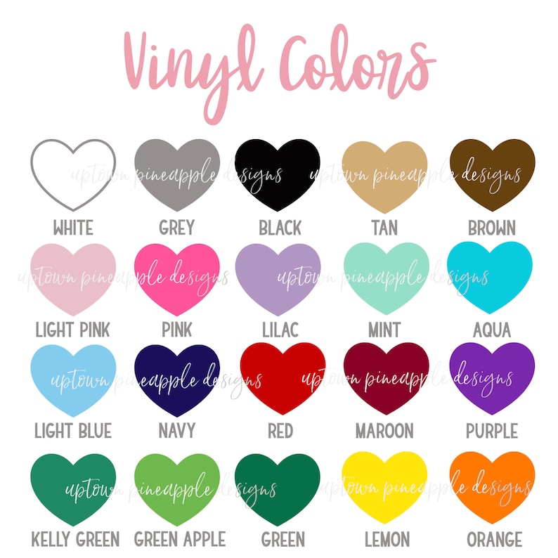 Puede incluir: Una tabla de colores de vinilo para proyectos de manualidades. Los colores se muestran en forma de coraz&oacute;n y est&aacute;n etiquetados con sus nombres: blanco, gris, negro, marr&oacute;n claro, marr&oacute;n, rosa claro, rosa, lila, menta, aguamarina, azul claro, azul marino, rojo, granate, morado, verde kelly, verde manzana, verde, lim&oacute;n y naranja.