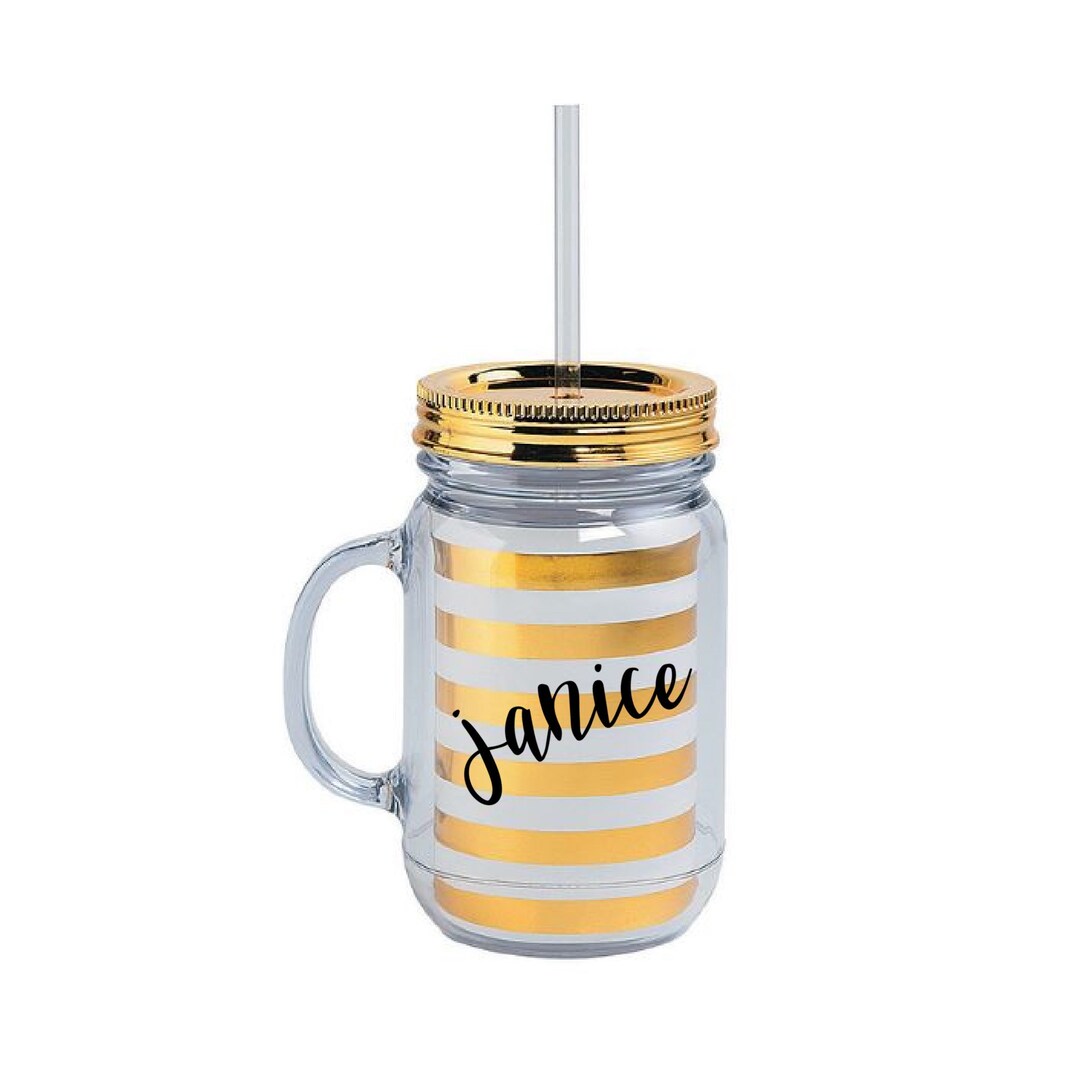 Personalized Mason Jar Straw Cup Mug Custom Acrylic Gold Striped