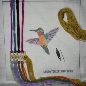 Hummingbird Needlepoint Kit – Beginner Surface Embroidery Kit with Yarn & Stitch Guide | 5x5 Design | Modern Bird Sewing Kit