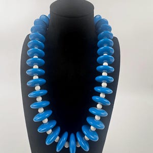 Vintage Cobalt Blue Beaded Necklace Retro Mod Statement Jewelry  Mid century flare piece