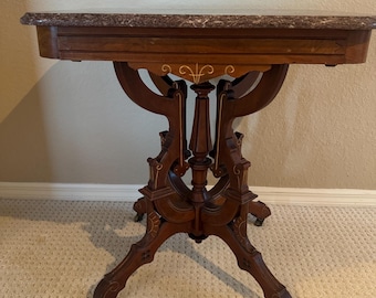 Victorian Walnut Parlor Table, Ornate Marble Top Accent Table, Traditional Foyer Decor