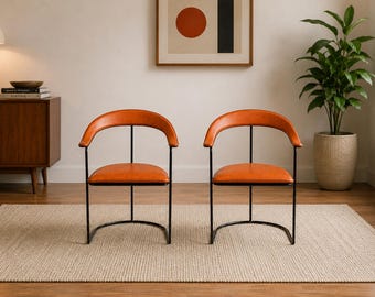 Par de sillones vintage de piel Arrben Italy “Ursula” / Piel color coñac / Diseño posmoderno italiano / Envío GRATIS