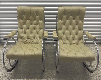 Pair Vintage Woodard Sculptura Chrome Rocking Lounge Chairs Tufted Mid Century Modern MCM Patio Accent Chairs