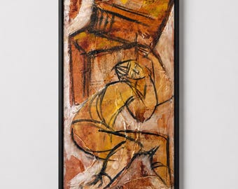 Pintura original de técnica mixta firmada por Moshe Katz, arte judaico sobre lienzo, arte figurativo abstracto modernista de mediados de siglo, 25 x 13