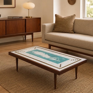 May include: A rectangular coffee table with a dark wood frame and four tapered legs. The tabletop features a central rectangular inlay of turquoise and white tiles, surrounded by a border of small white and brown square tiles in a grid pattern.