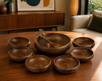 Vintage MCM Teak Wood Salad Bowl Set – 9 Piece Serving Set with Servers