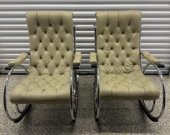 Pair Vintage Woodard Sculptura Chrome Rocking Lounge Chairs Tufted Mid Century Modern MCM Patio Accent Chairs