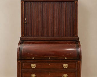 Antique Federal Mahogany Tambour Secretary Bookcase c.1800 | Sheraton Cylinder Desk | Inlaid New England Writing Cabinet