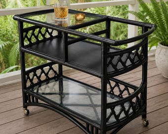 Vintage Ficks Reed Black Rattan Bamboo Bar Cart | Large Rolling Bar Server With Glass Shelves & Brass Casters | Palm Beach Regency Bar Cart