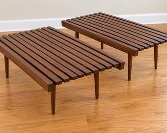 George Nelson Style Walnut Slat Tables Pair | Mid Century Modern Low Coffee Tables | Vintage MCM Furniture-Free Shipping -