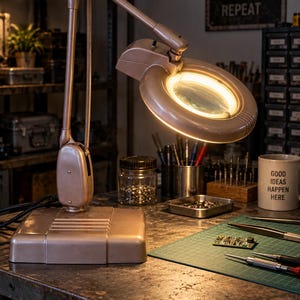 Könnte beinhalten: Eine roségoldene Lupen-Schreibtischleuchte mit verstellbarem Gelenkarm und einem kreisförmigen LED-Lichtring um die Glaslinse. Die Leuchte verfügt über einen rechteckigen Sockel und einen Schalter an der Oberseite des runden Leuchtenkopfes.
