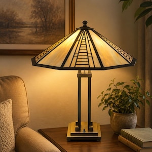 Signed F. Ramond Fredrick Ramond Mission Arts & Crafts Table Lamp Leaded Slag Glass Prairie Style Frank Lloyd Wright Inspired