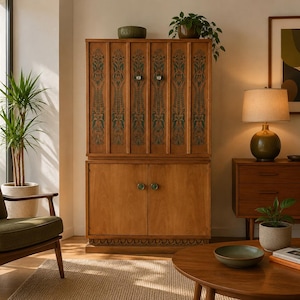 May include: A tall wooden cabinet featuring vertical panels with dark green decorative patterns, two upper doors with round knobs, and two lower doors with matching green knobs. The cabinet has a carved base detail and a light brown wood finish.