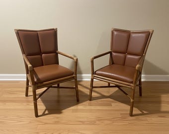 Authentic McGuire San Francisco Rattan & Saddle Leather High-Back Armchairs – Pair | Organic Modern | Mid-Century Modern | Free Shipping