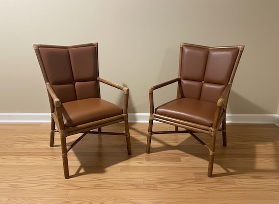 Authentic McGuire San Francisco Rattan & Saddle Leather High-Back Armchairs – Pair | Organic Modern | Mid-Century Modern | Free Shipping
