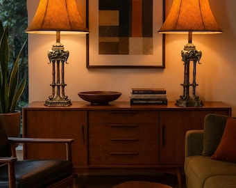 Para lamp stołowych Maitland-Smith Bronze Elephant Faux Bamboo | Lampy designerskie Hollywood Regency British Colonial o średnicy 32 cali