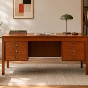 May include: A rectangular wooden desk featuring a warm brown finish, six drawers with small rectangular silver-toned metal pulls, and four straight legs. The desk surface is flat and clear, providing a workspace for office tasks and organization.