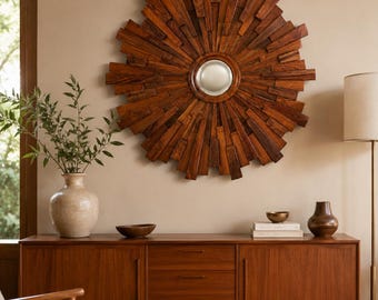 Grote 46-inch moderne houten zonnestraalspiegel uit het midden van de eeuw | Dimensionale brutalist starburst wandspiegel | MCM sculpturale houten spiegel